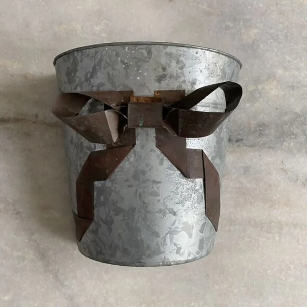 Galvanized Gray Metal Wall Pocket Vase Vintage Rustic Farm Hanging Planter Bow